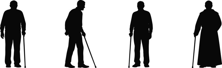Cane user silhouette set, diverse standing poses, black vector art, mobility aid illustration, posture and attire variation design © Mst