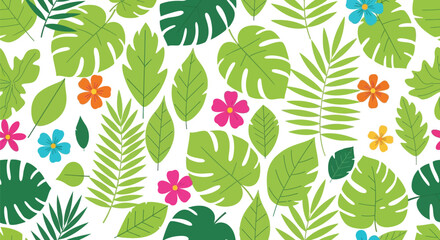 A dense background pattern features various shades of green tropical leaves and small, bright, multi-colored flowers against a white backdrop.