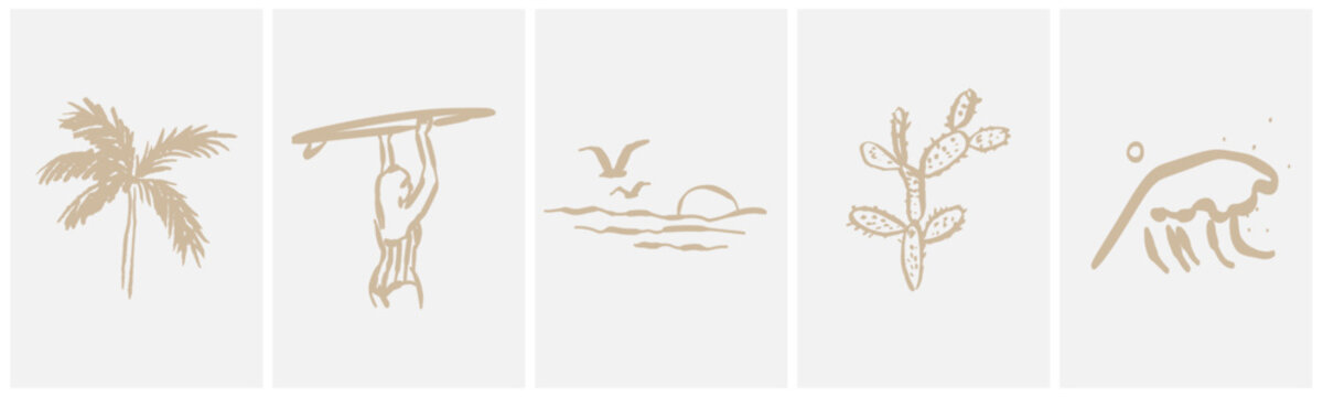 Doodle beach and surf vector illustration set. Tropical naive coastal elements like palm trees, waves, woman with surfboard, and sun perfect for summer designs, t-shirts, posters, and placard prints.
