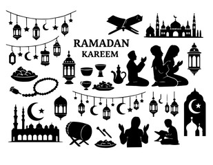 Obraz premium Ramadan Lantern Garland Silhouette Set with Crescent Moon and Stars Isolated on White Background Islamic Decoration Collection
