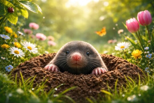 Cute mole in colorful garden
