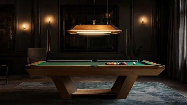 Luxurious Billiard Room with Pool Table and Hanging Lamps.