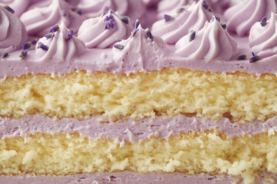 Cross-section of lavender frosted layer cake with piped buttercream and dried lavender flowers closeup.