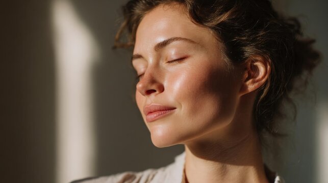 Close-up portrait of a young woman with her eyes closed and her head tilted slightly to the side.