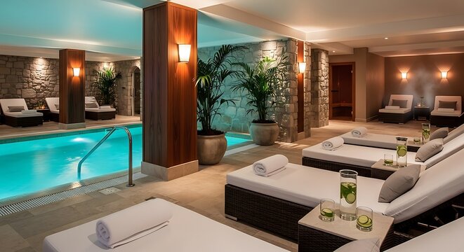 Luxurious wellness center with swimming pool and relaxation lounges