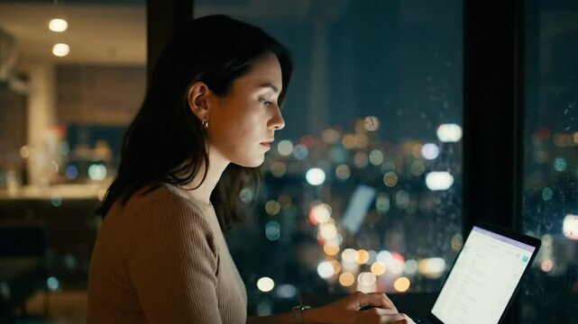 Woman Working on Laptop at Night in Apartment