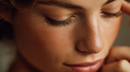 Fototapeta premium Close-up portrait of a young woman's face. she has her eyes closed and her head tilted slightly to the side, with her hand resting on her chin.