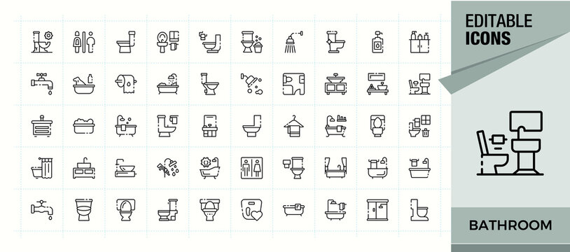 Bathroom icon set. Thin line icons set. Contains outline symbols like toilet, room, wash room, sanitary. Pixel perfect. Editable stroke. Wash Room related icon set.