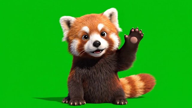 Animated red panda waving on green background for creative visuals