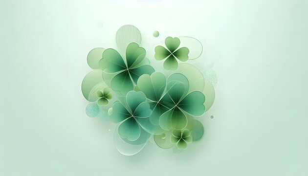 Modern festive green background with subtle clover motifs blended into abstract shapes, professional corporate design, light gradients, smooth shadows, minimalist, elegant, high-end stock background
