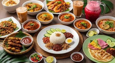 A vibrant spread of Southeast Asian cuisine featuring various dishes and beverages on a table, captured from a top-down view, ep2 (24).jpg
