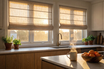 Beige roller blind on windows in stylish modern kitchen. Shutters on the plastic window.