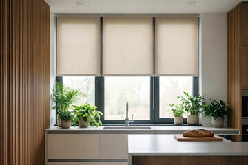 Beige roller blind on windows in stylish modern kitchen. Shutters on the plastic window.