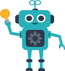 Cute wind-up robot holding a lightbulb icon. Vector illustration of innovation, and creativity