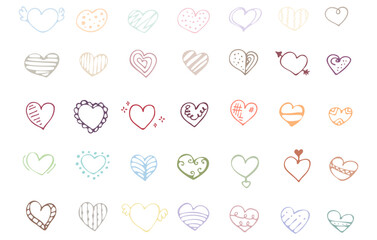 Set of hand-drawn doodle hearts with unique patterns like stripes and dots. Cute pastel love symbols collection for Valentines Day. Features a soft, pastel color palette for romance or cute designs