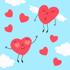 Cute cartoon hearts in love flying in the blue sky with clouds. One angel heart with wings kisses while another smiles. Valentines Day illustration