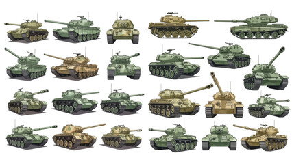 A charming watercolor collection of military tanks, including classic battle tank silhouettes, rotating turrets and long cannon barrels, and detailed tracked armor designs © liana