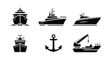 Modern minimal marine icon set in black silhouette on white background for nautical and shipping concepts