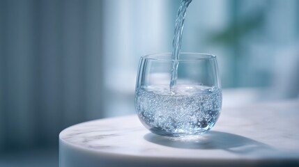 Fresh water being poured into a clear glass, surrounded by soft natural light, creating a refreshing atmosphere.