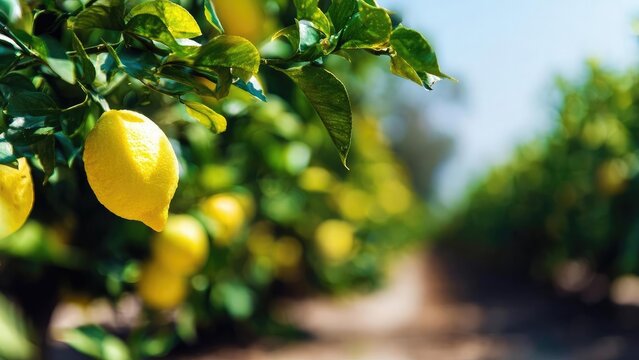 Ripe yellow lemons on a lemon tree in a sunlit orchard. Concept Citrus Orchard Photography, Sunlit Lemons, Golden Fruits, Rustic Farm Scene, Natural Light