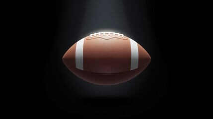 A football bathed in light against a dark background, showcasing its intricate laces.