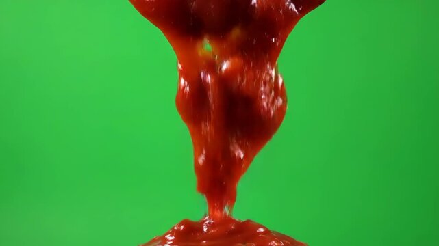 Tomato Sauce Flowing Down In Front of Green Screen In Bright Lighting