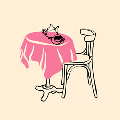Fototapeta na wymiar Cafe, Restaurant table, chair. Table with tablecloth, teapot, cup. Romantic date, lunch, dinner, breakfast concept. Hand drawn Vector illustration. Isolated design element. Poster, logo, card template