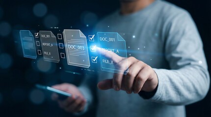 A man holds a smartphone, interacting with holographic document icons with checkmarks, symbolizing digital file management, document verification, and cloud storage.