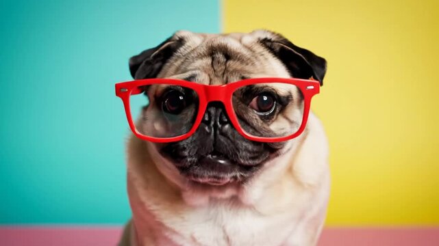 Close up of a pug dog wearing red glasses on a colorful background