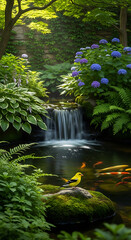 Fototapeta premium Small yellow bird perched by a tranquil waterfall in a lush green forest.