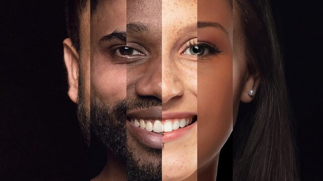 Video ad. Diverse faces merged in vertical strips on dark background collage. Concept of diversity inclusion campaign, multicultural identity, equality awareness and social unity branding visuals