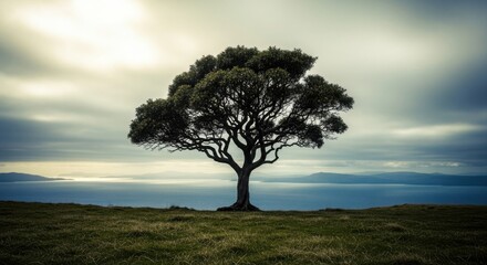 Obraz premium Solitary tree, tranquil ocean, moody sky.