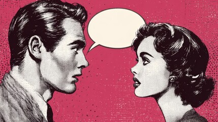 Vintage Retro Pop Art Style Illustration of a Classic Handsome Man and Beautiful Woman Looking at Each Other with an Empty Speech Bubble for Text on a Vibrant Textured Pink Halftone Background