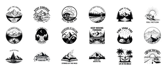 Vintage adventure badges collection: mountains, waves, and wilderness exploration
