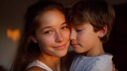 Young siblings share a tender embrace with affection in warm golden light