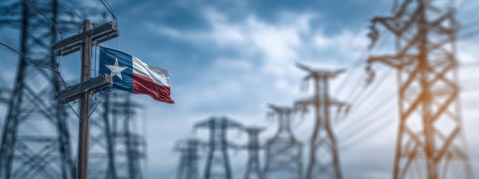 Texas flag waves in front of power lines under a cloudy sky in a rural area during the afternoon
