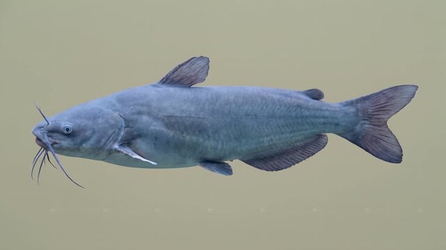 Blue catfish swimming isolated, side view of freshwater bottom feeder for river wildlife concepts, high quality 4k video footage.