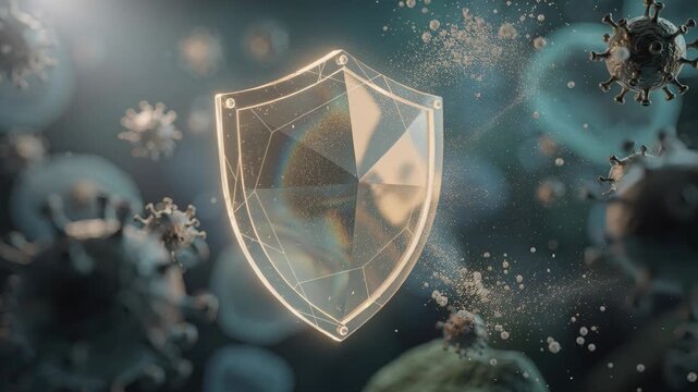 A symbolic depiction of immunity featuring a glowing shield deflecting viruses. Evokes health, protection, defense, and scientific progress. Suitable for medical, health, and science contexts
