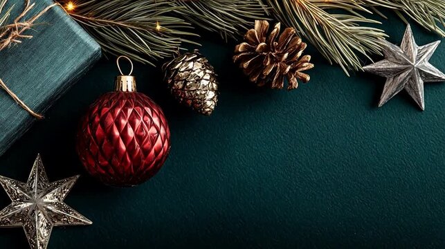 Christmas decorations on dark green surface