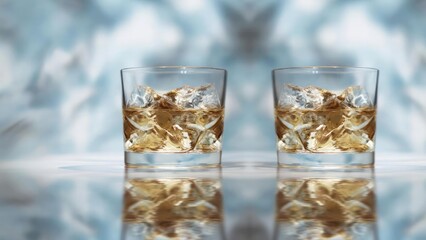 Two whiskey glasses with ice on a reflective surface against a soft blue blurred background. Concept Whiskey on the rocks, Reflective surface, Soft blue blur background, Studio still life