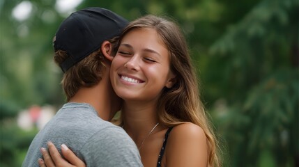 A happy young couple embracing outdoors in a park expressing love and connection with smiles