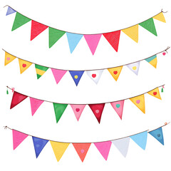 Fototapeta premium Colorful triangular flags bunting garland set waving in celebration isolated on transparent background