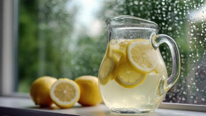 Fototapeta premium A glass pitcher of lemon water with lemon slices on a windowsill, with whole lemons nearby. Concept Lemon water pitcher, Windowsill light, Fresh citrus still life, Whole lemons nearby