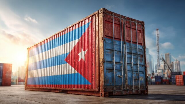 Cuban flag painted cargo container at a shipping port during sunset in a city with tall buildings