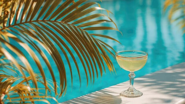 A pale yellow cocktail in a coupe glass by a turquoise pool, with palm leaves in the foreground. Concept Poolside tropical cocktail photography, Pale yellow cocktail in a coupe glass
