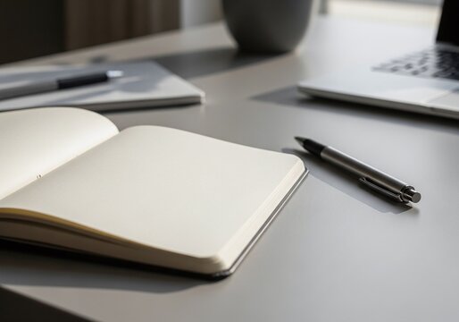 Modern workspace with open notebook and pen on gray desk