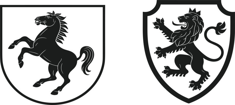 Heraldic shield vector illustration set featuring lion and horse, showing power, nobility and kingdom emblem