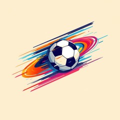 A vibrant soccer ball surrounded by dynamic, colorful brushstrokes in motion