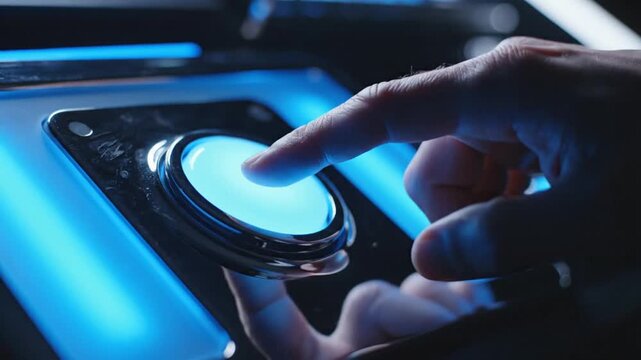 Hand pressing illuminated blue button on high-tech control panel