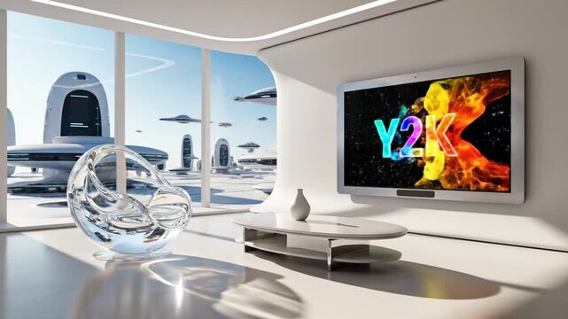 Futuristic room with large window overlooking sci-fi city and flying vehicles